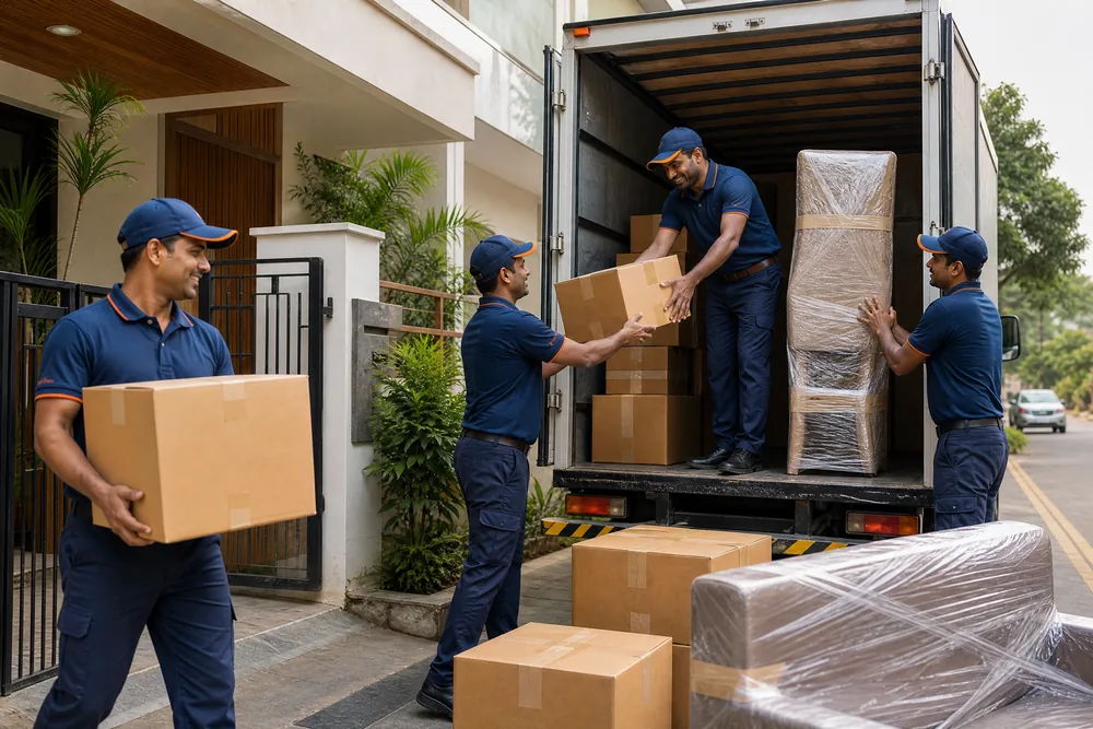 Team loading boxes into a moving truck