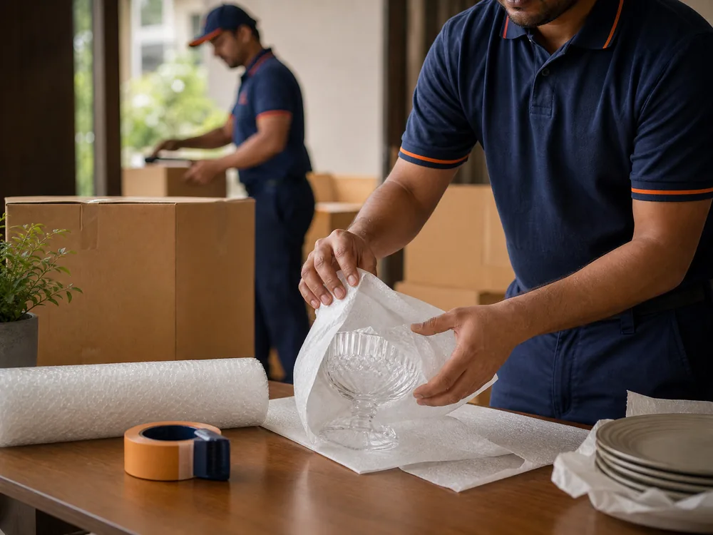 Packing team wrapping household items
